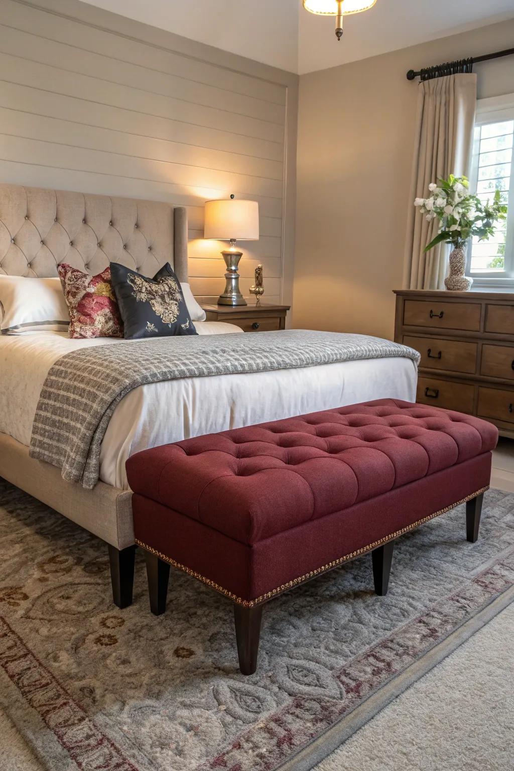 A stylish burgundy bench that adds both function and color.