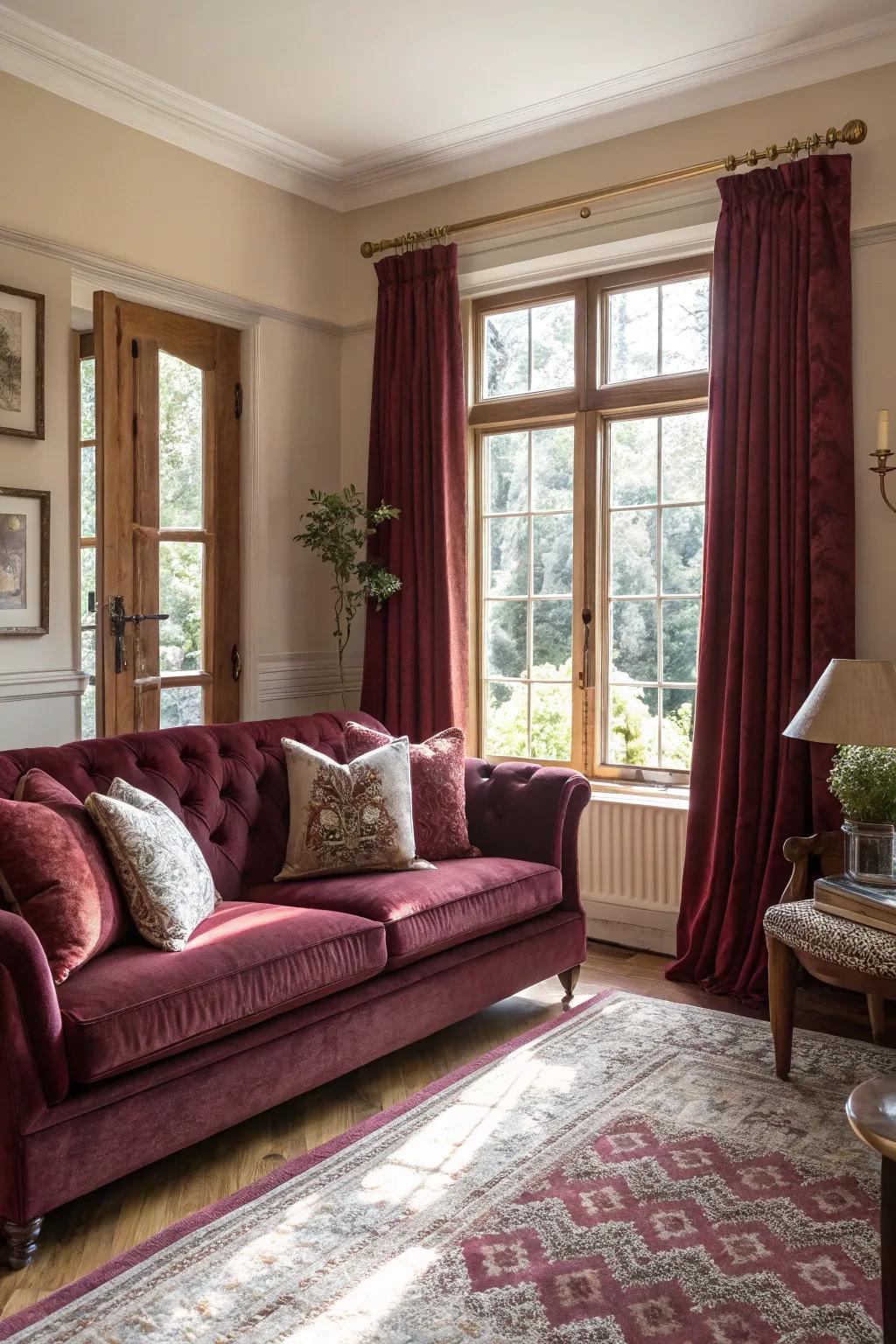 Natural light enhances the warmth and brightness of this burgundy room.