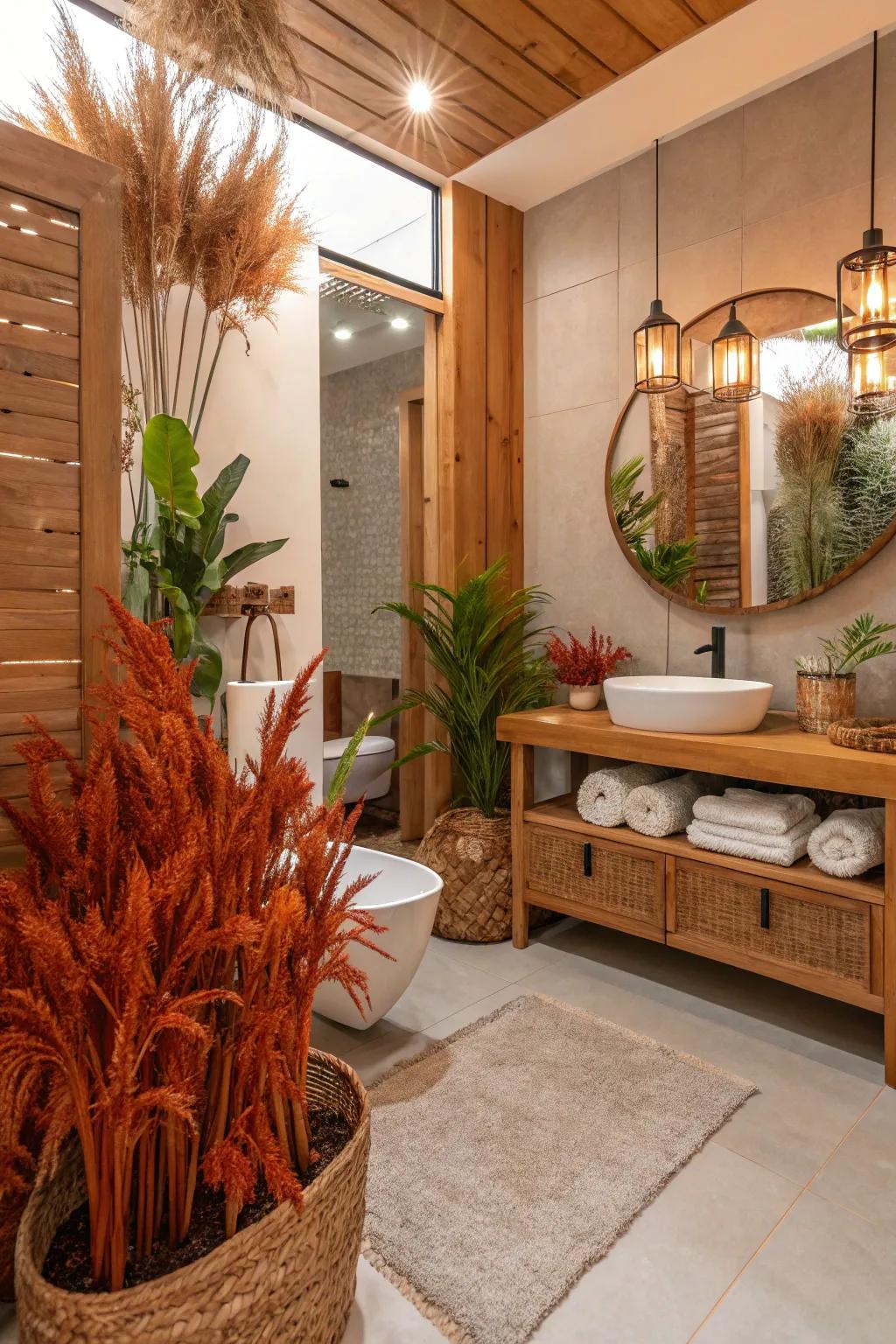 Burnt orange plants add warmth and life to this bathroom.