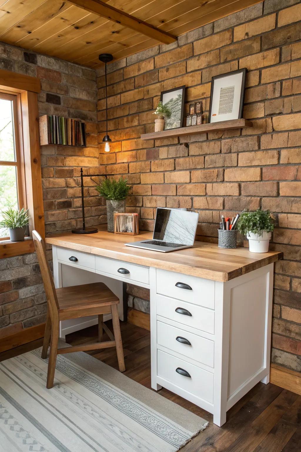 A rustic backdrop enhancing the butcher block desk.