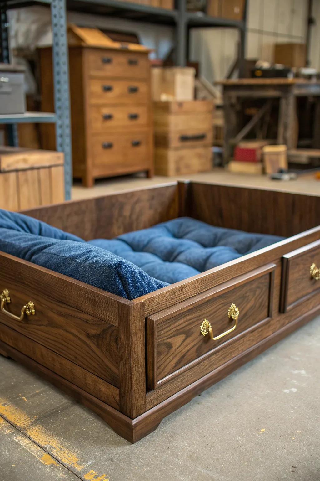 Elevate your pet's comfort with this stunning handcrafted bed, featuring elegant storage solutions for a clutter-free space.