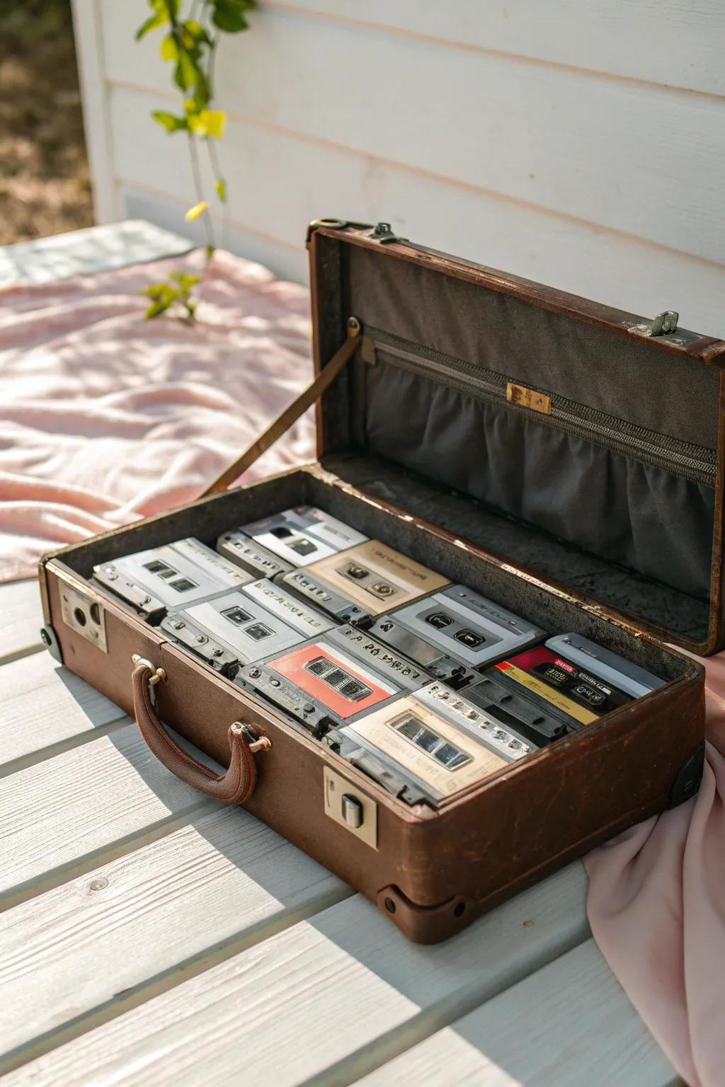 Rediscover the charm of yesteryear with a vintage suitcase display for your cassette tapes. A perfect blend of nostalgia and style!