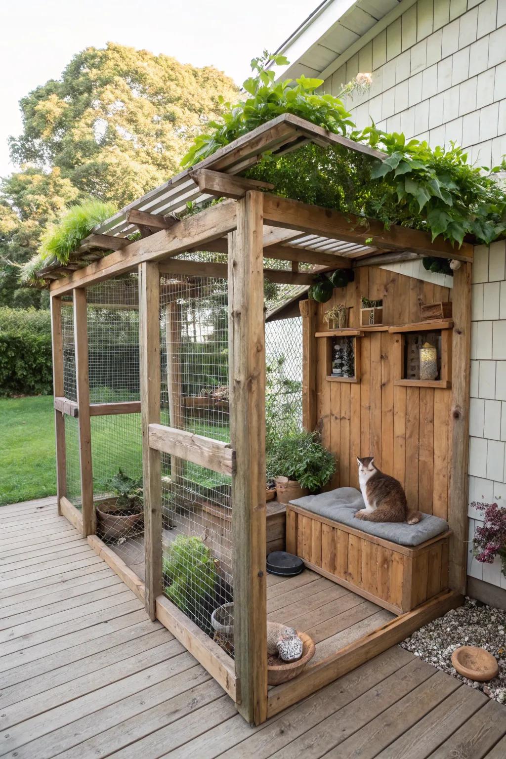 An eco-friendly catio using recycled wood and non-toxic finishes.