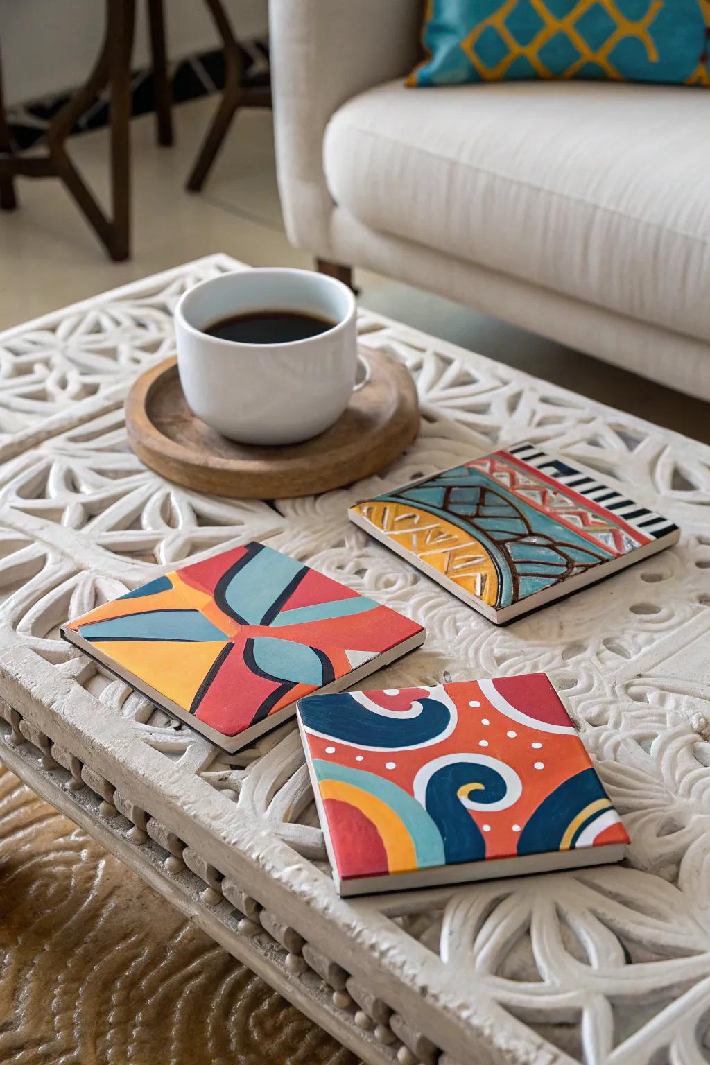 Abstract pattern coasters make a bold statement.