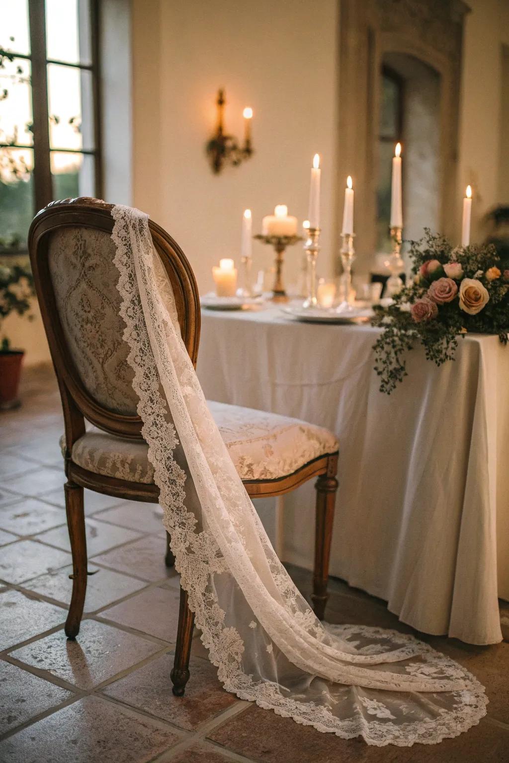 Vintage lace adds romance and elegance to chair decor.