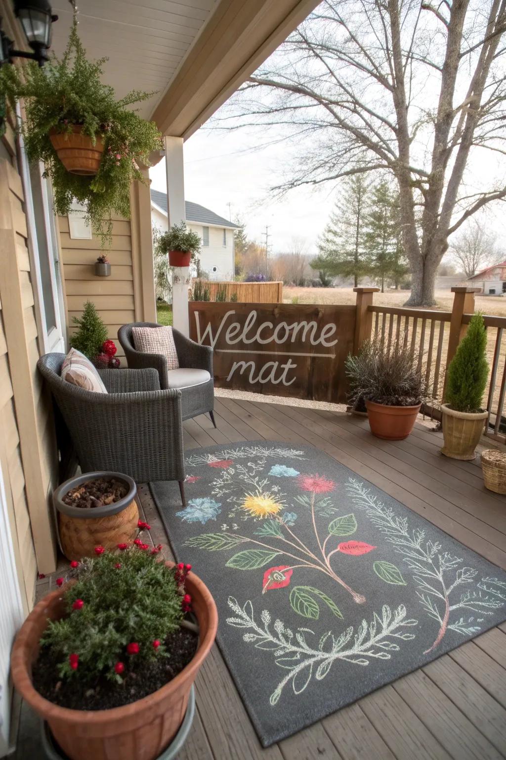 Chalk art welcome mats offer a charming touch to any doorstep.