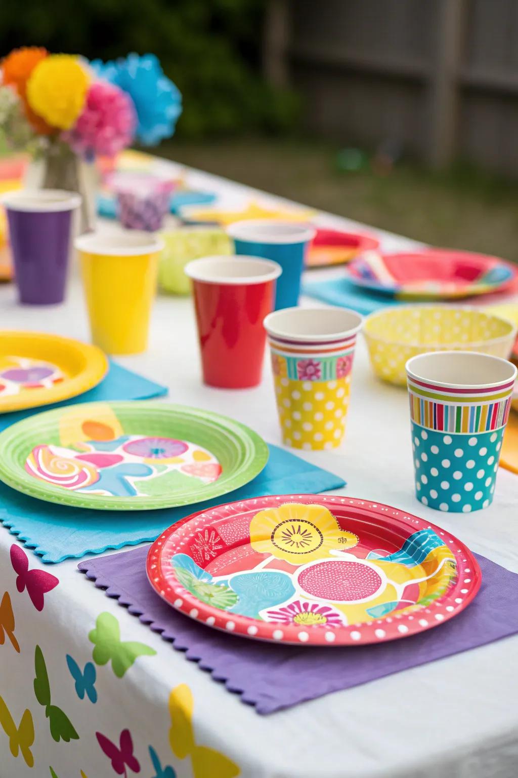 Decorative plates and cups tie together the party's theme and color scheme.