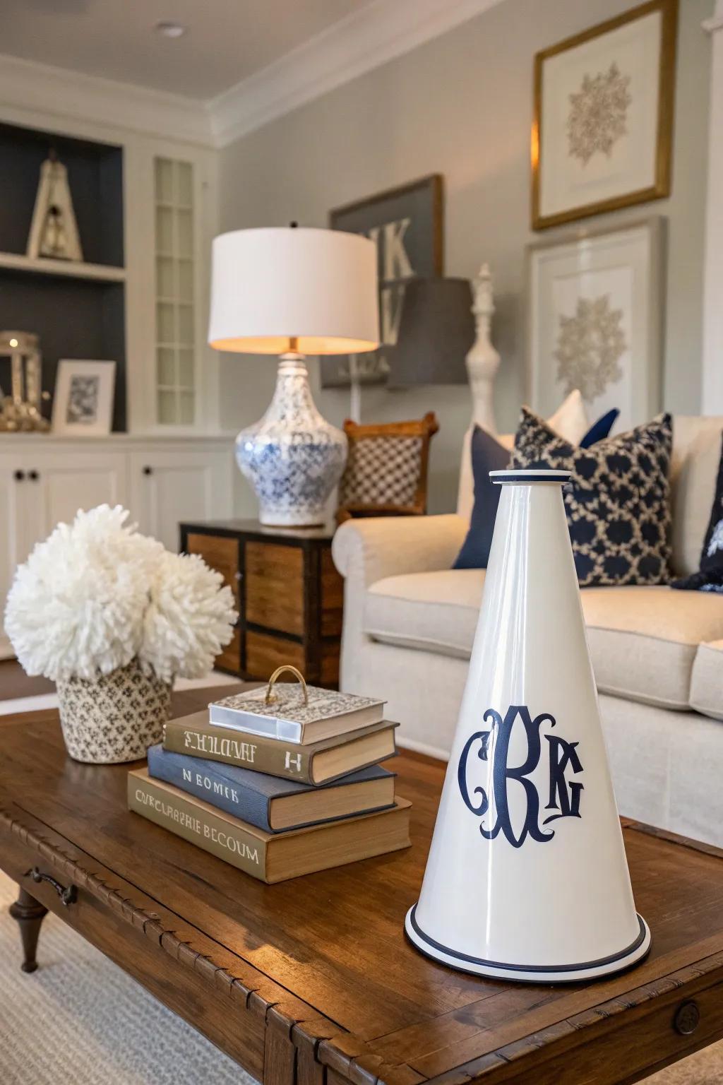 Monograms offer a chic and personalized touch to your cheer megaphone.