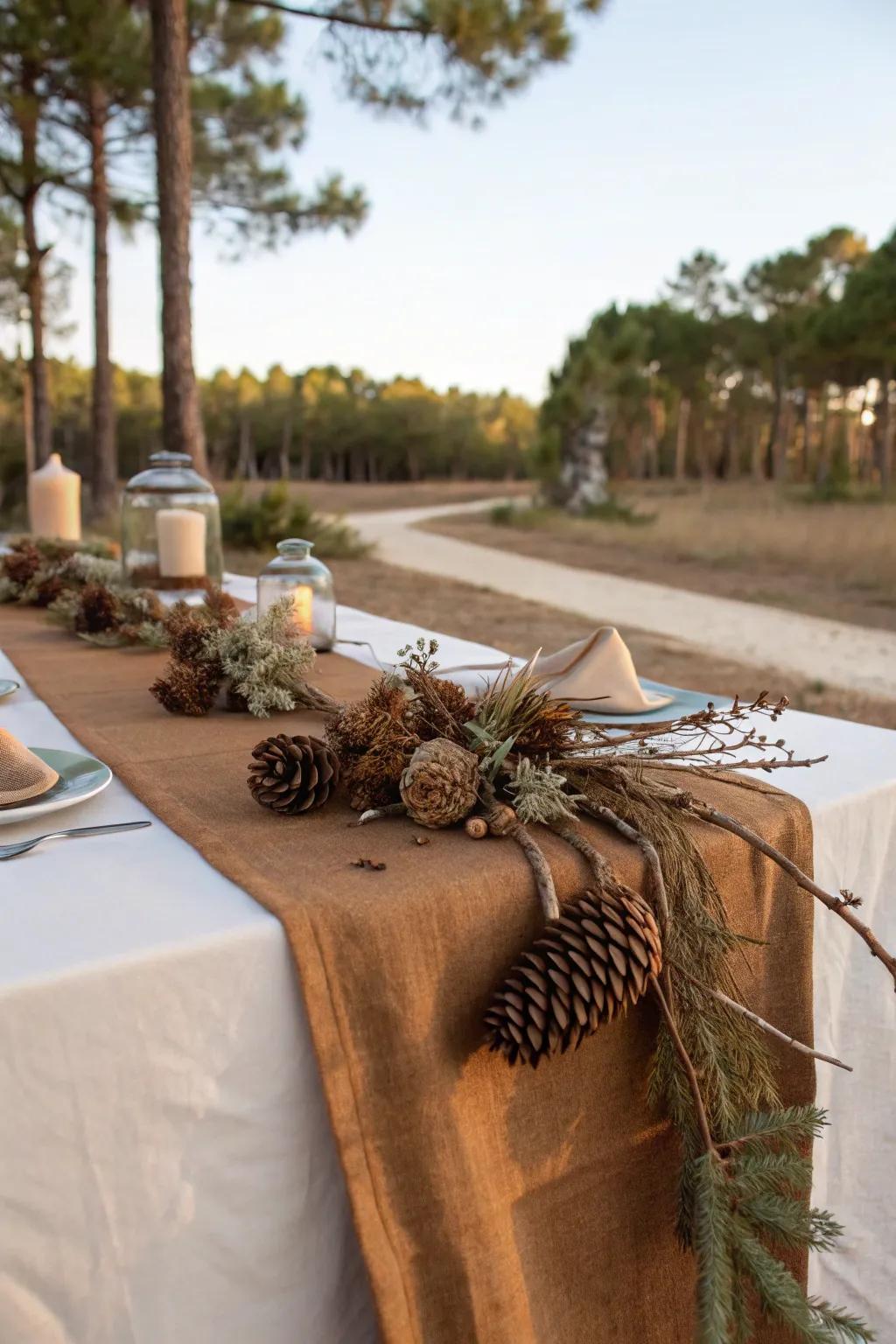 Nature's touch with a brown cheesecloth runner.