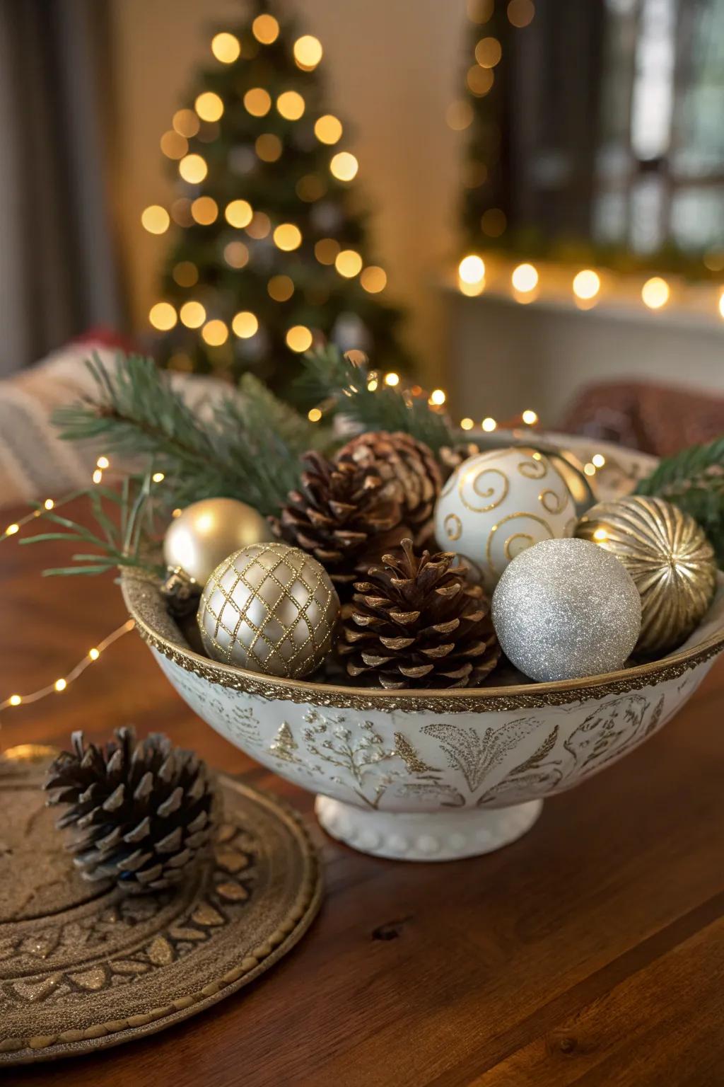 Ornaments and pinecones create a natural and festive centerpiece.