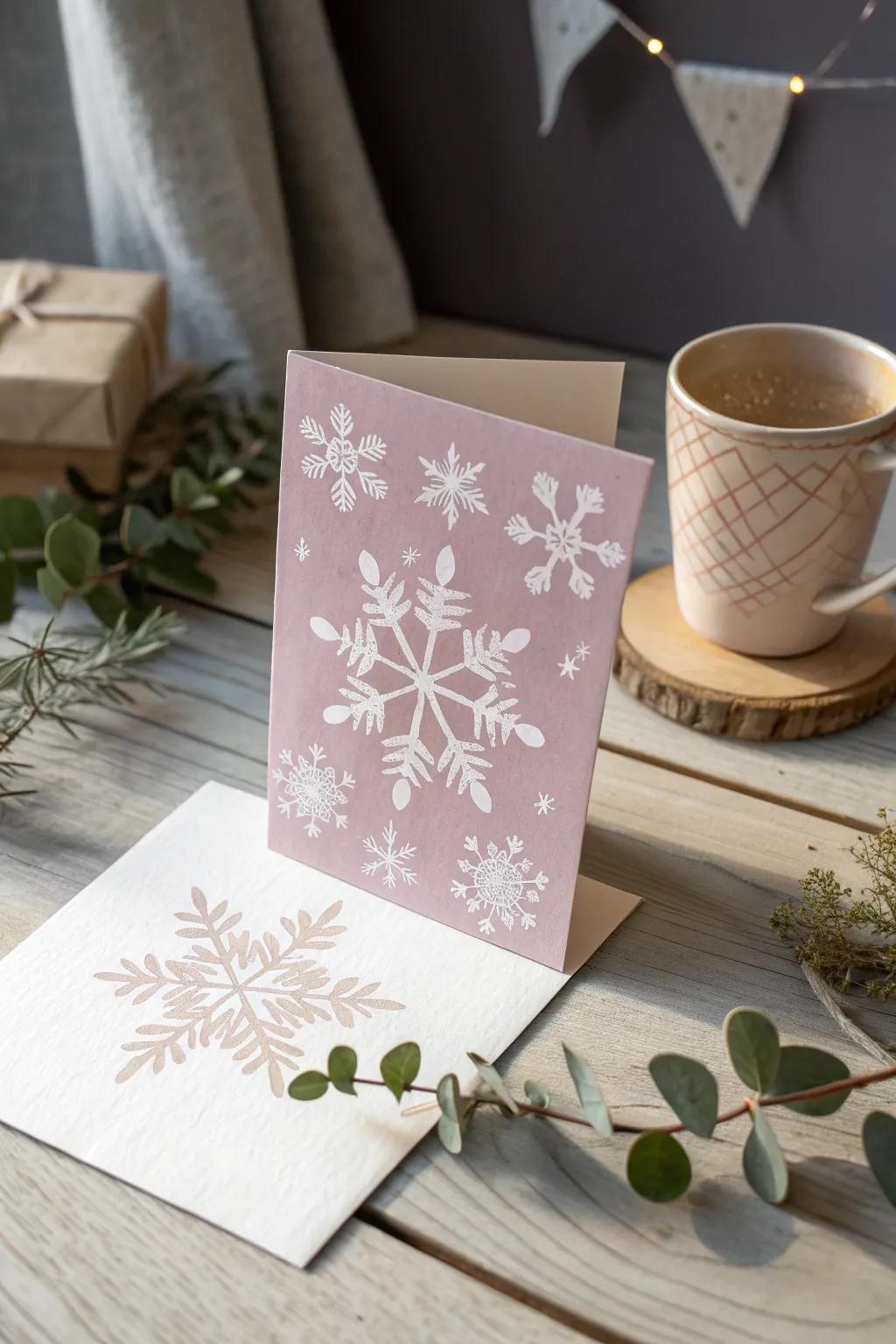 Embrace the season's charm with handcrafted thumbprint snowflakes on a minimalist Christmas card.