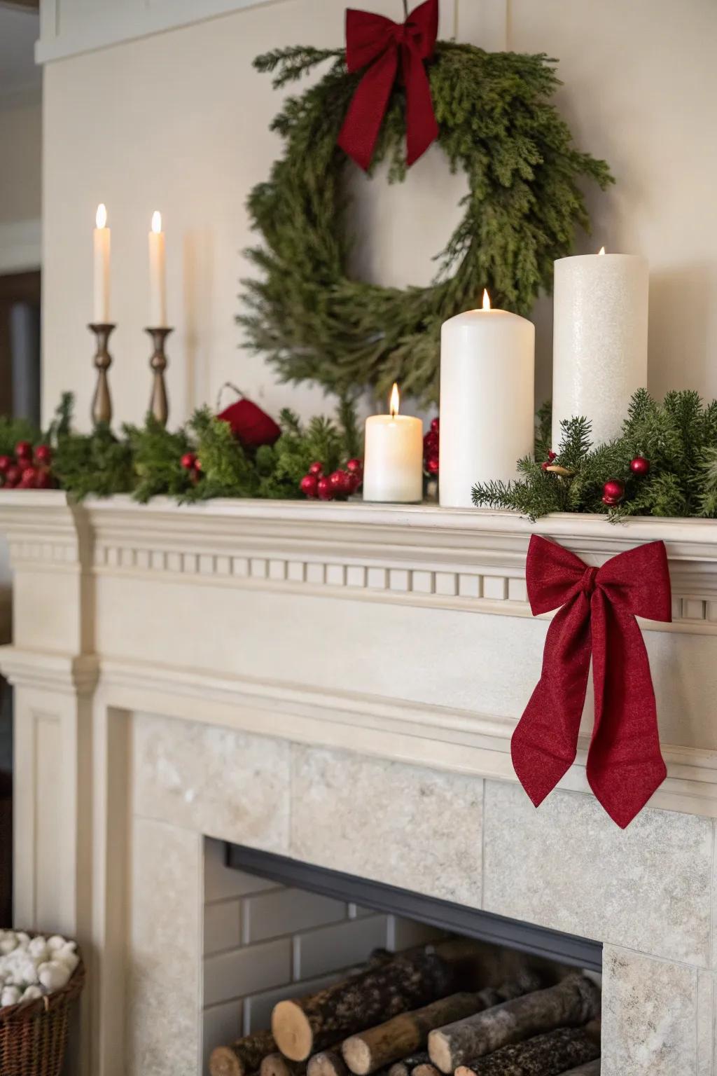 A calming neutral Christmas mantel.