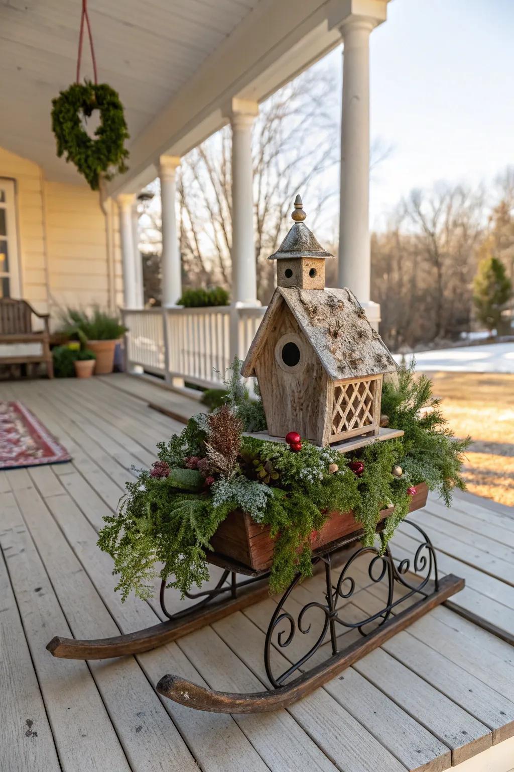 A birdhouse adds whimsy and charm.