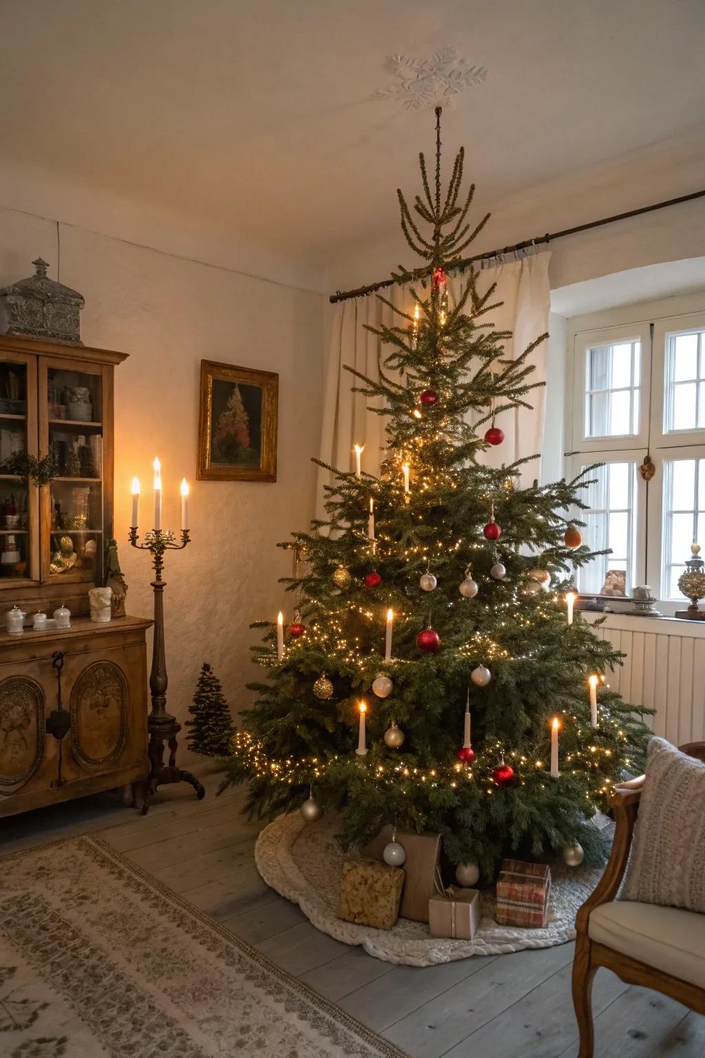 Candle lights adding a vintage charm to a Christmas tree.