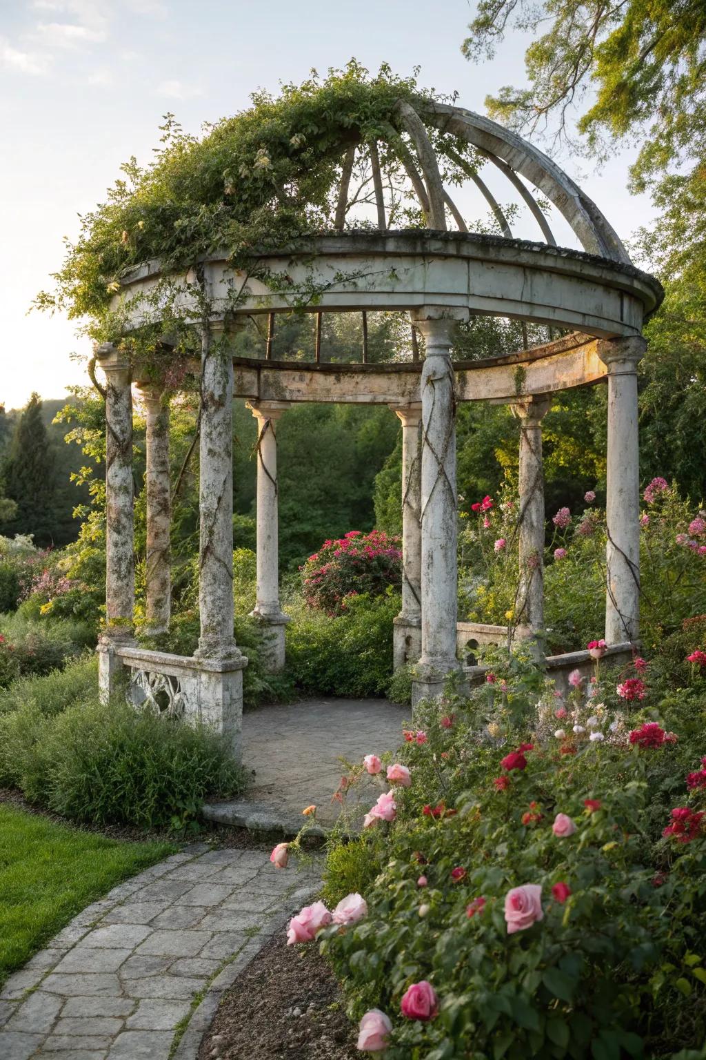 A vintage-inspired pergola adds character and charm to any garden.