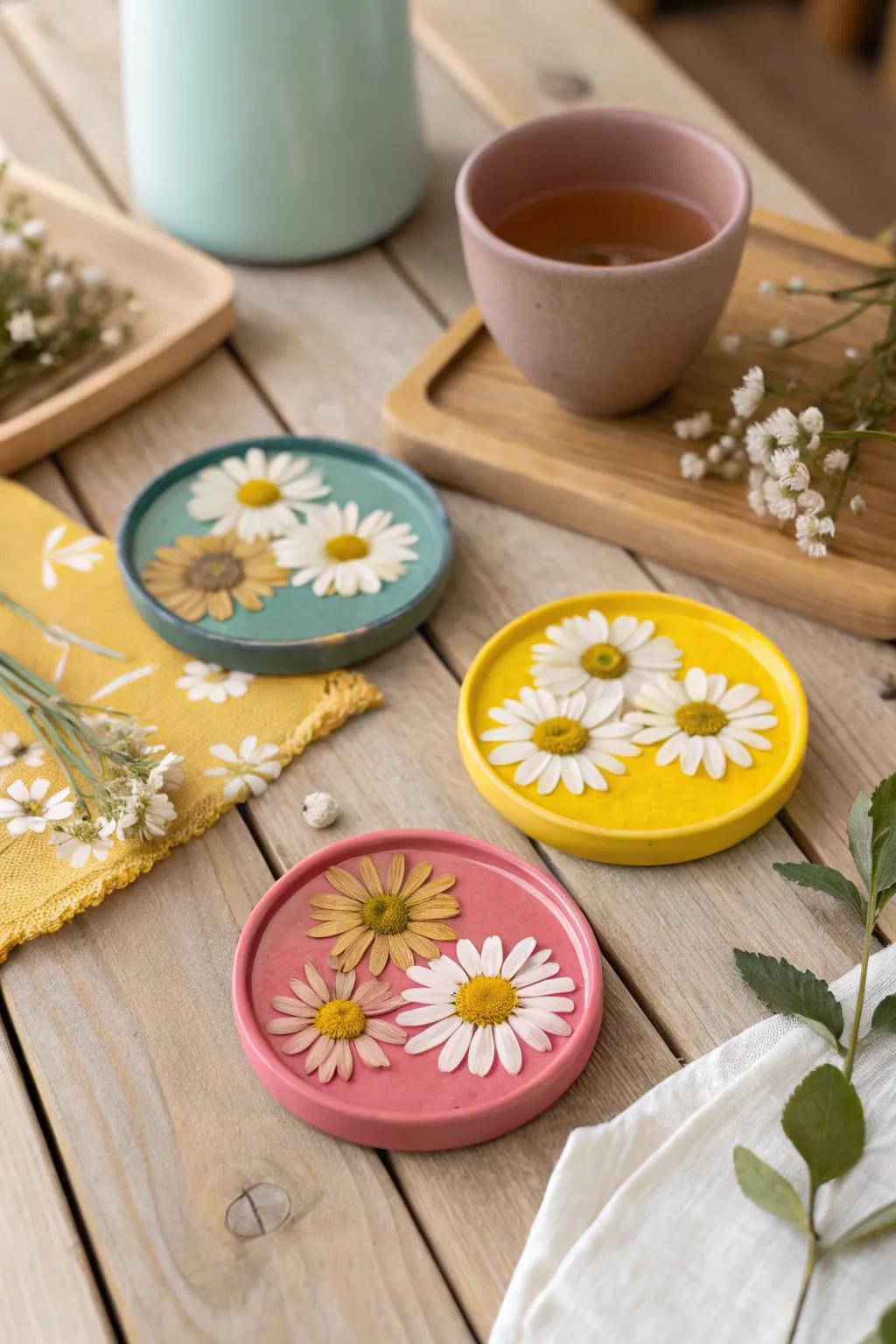 Pressed flower coasters preserve nature's beauty in a delicate design.