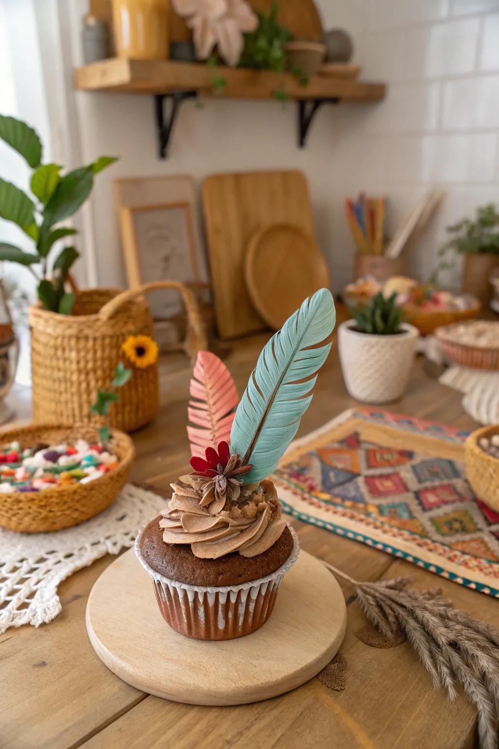 A boho chic clay cupcake, artistic and free-spirited.