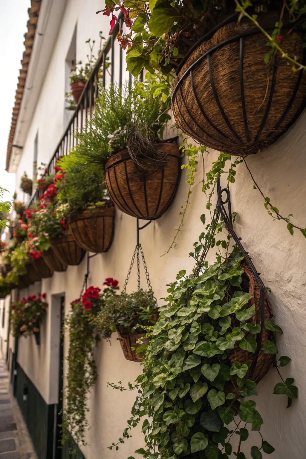 Hanging baskets combine storage with style.