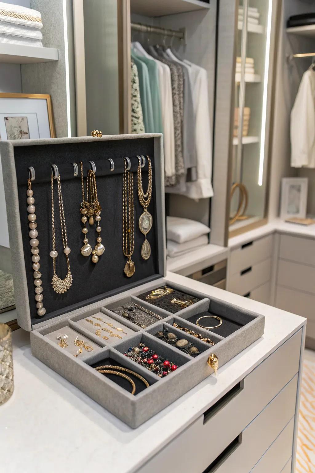 A closet featuring a stylish jewelry organizer for easy access.