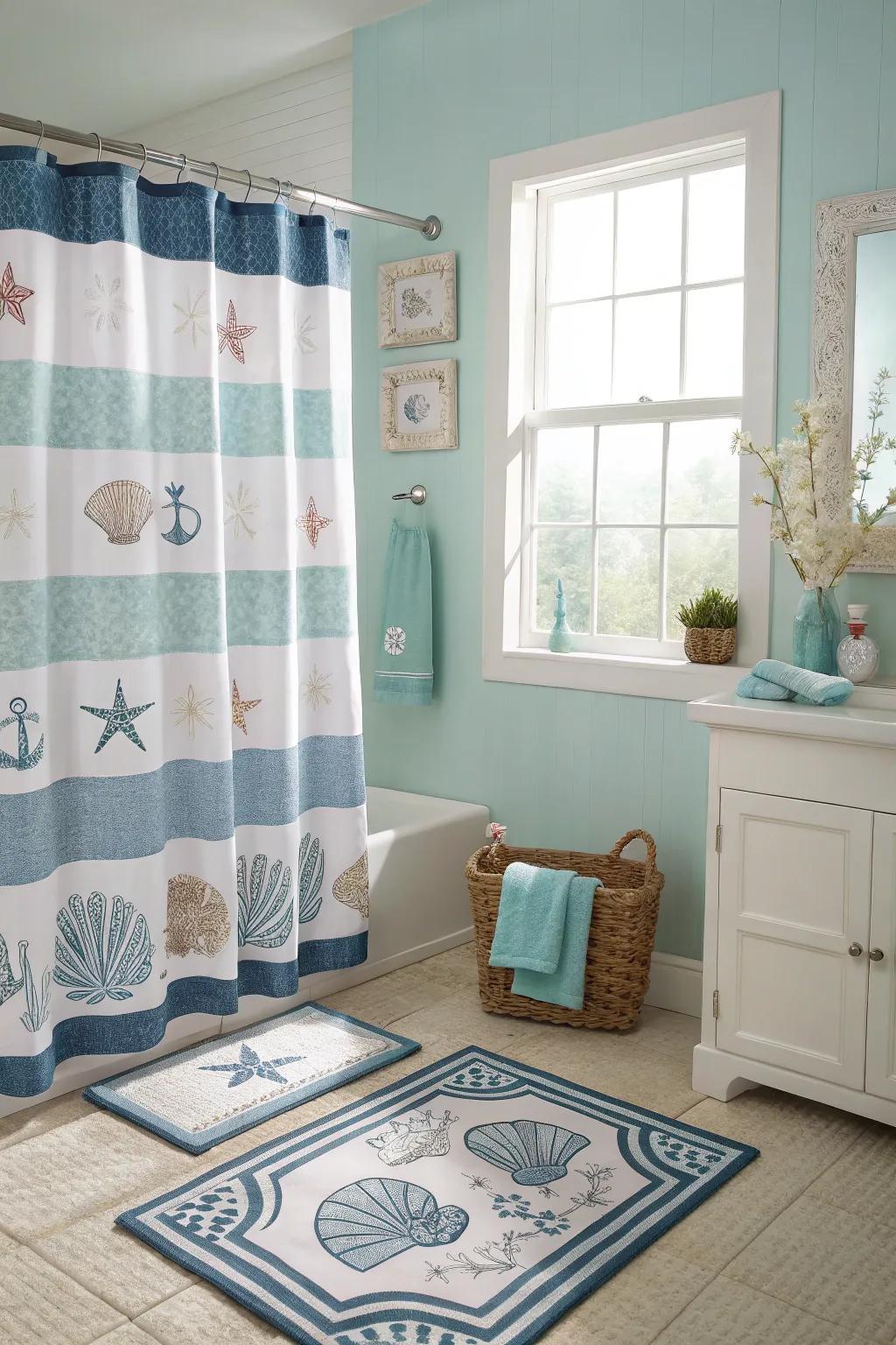 A coastal-themed shower curtain ties the design together.