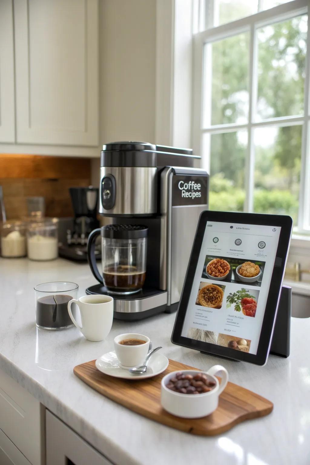 A tech-integrated coffee setup, merging modern convenience with coffee tradition.