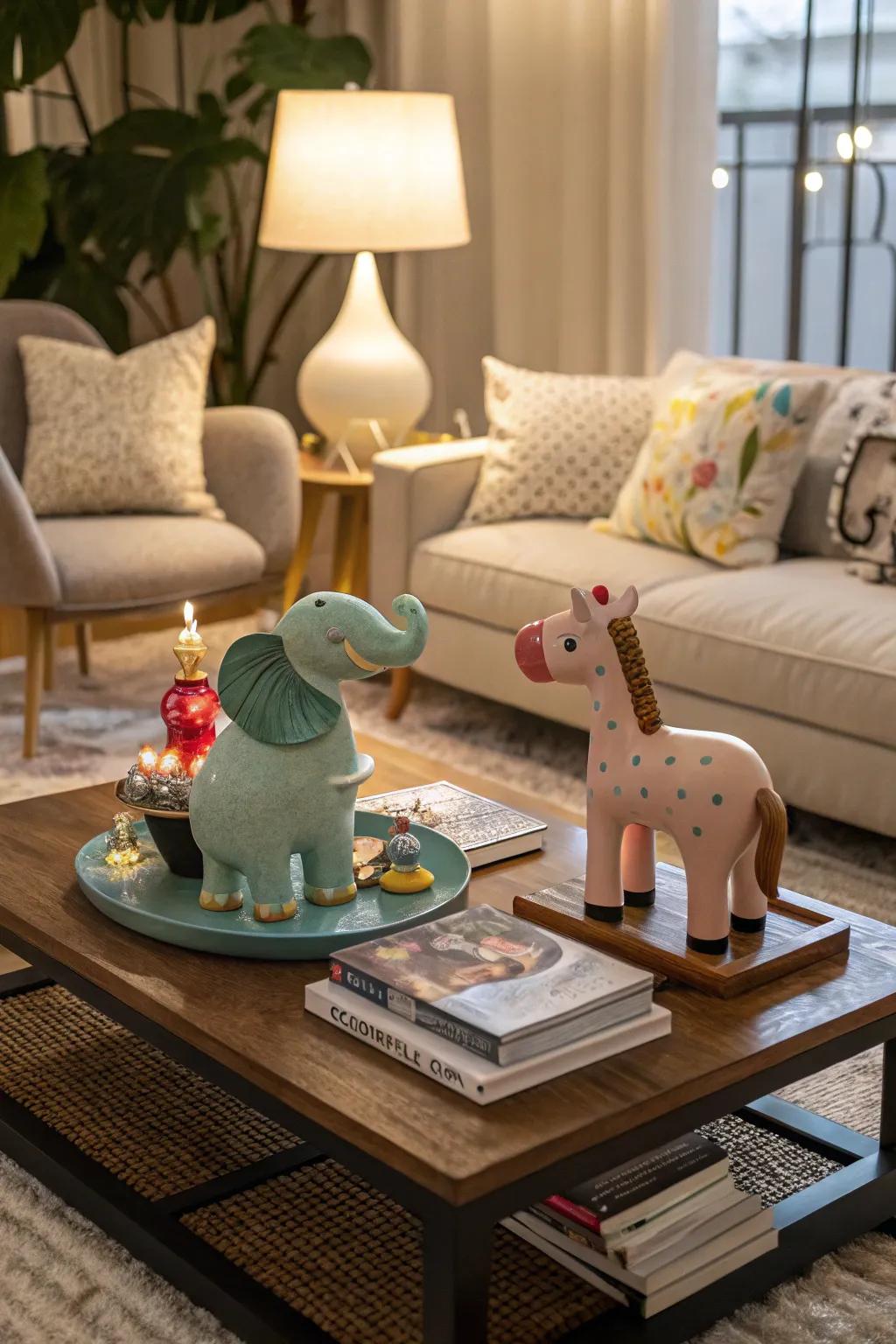 Playful sculptures add a whimsical touch to the coffee table.