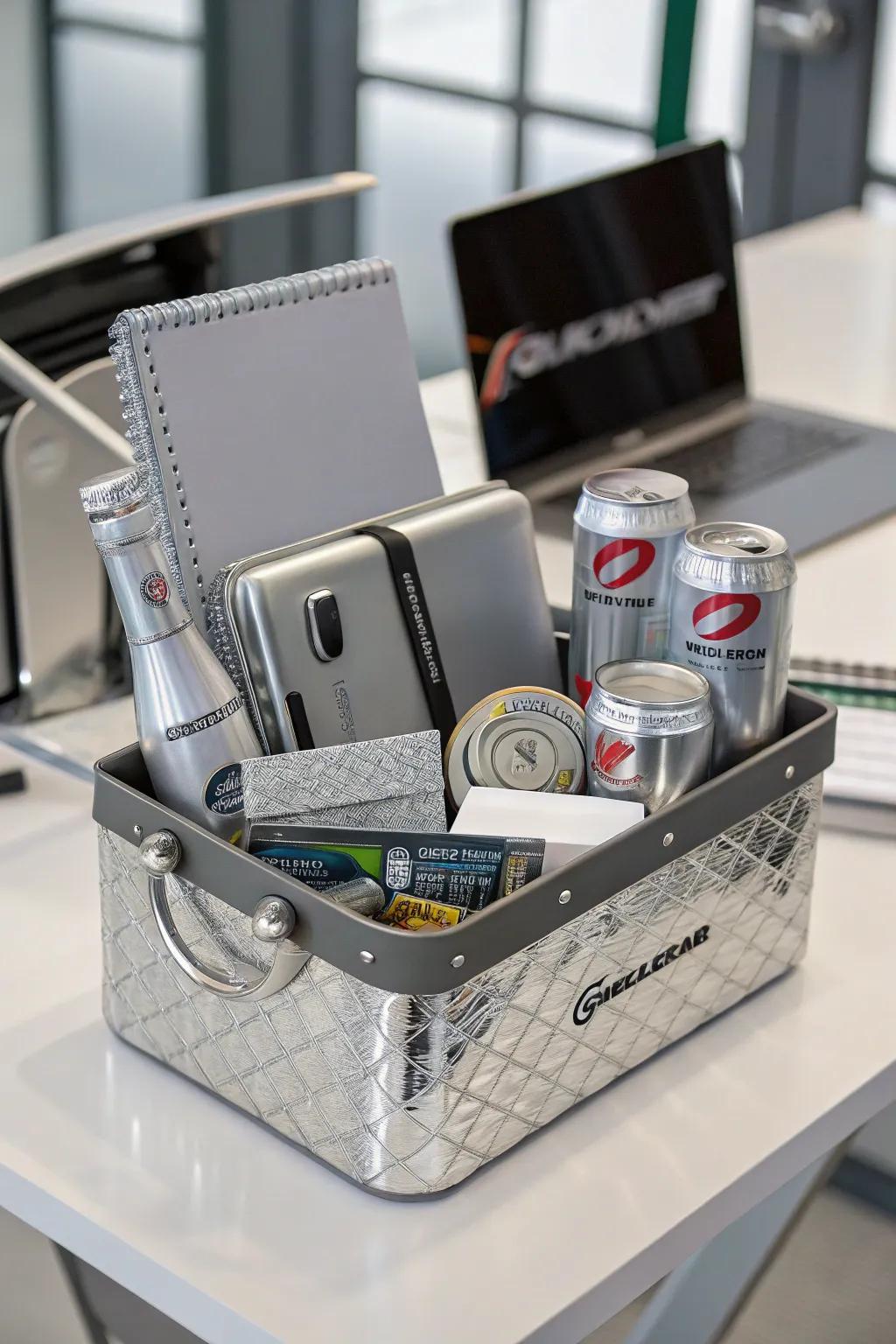 Get quirky with a quicksilver-themed gift basket.