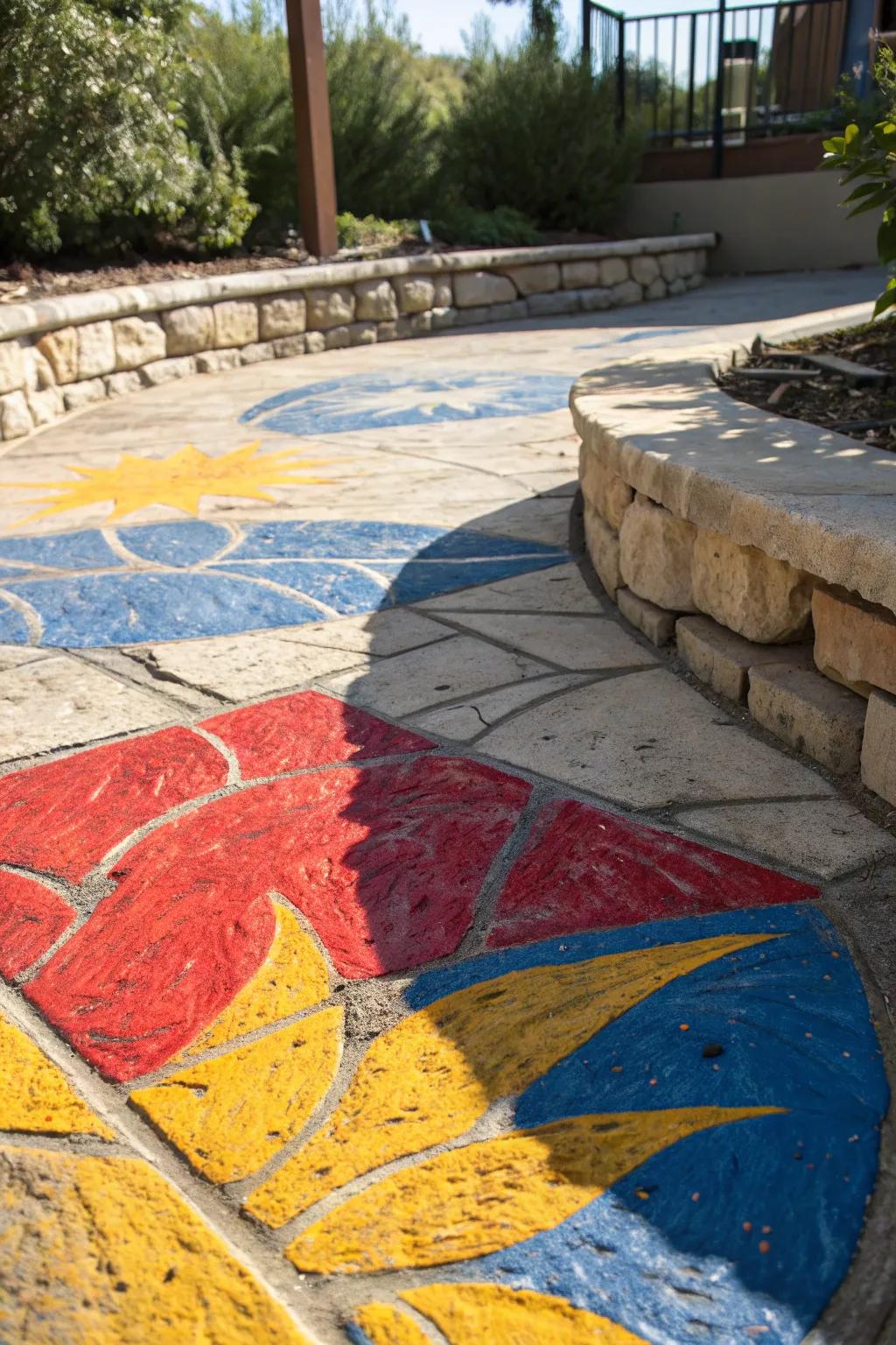 Transform your outdoor space into an abstract art gallery with bold, vibrant concrete paint designs.