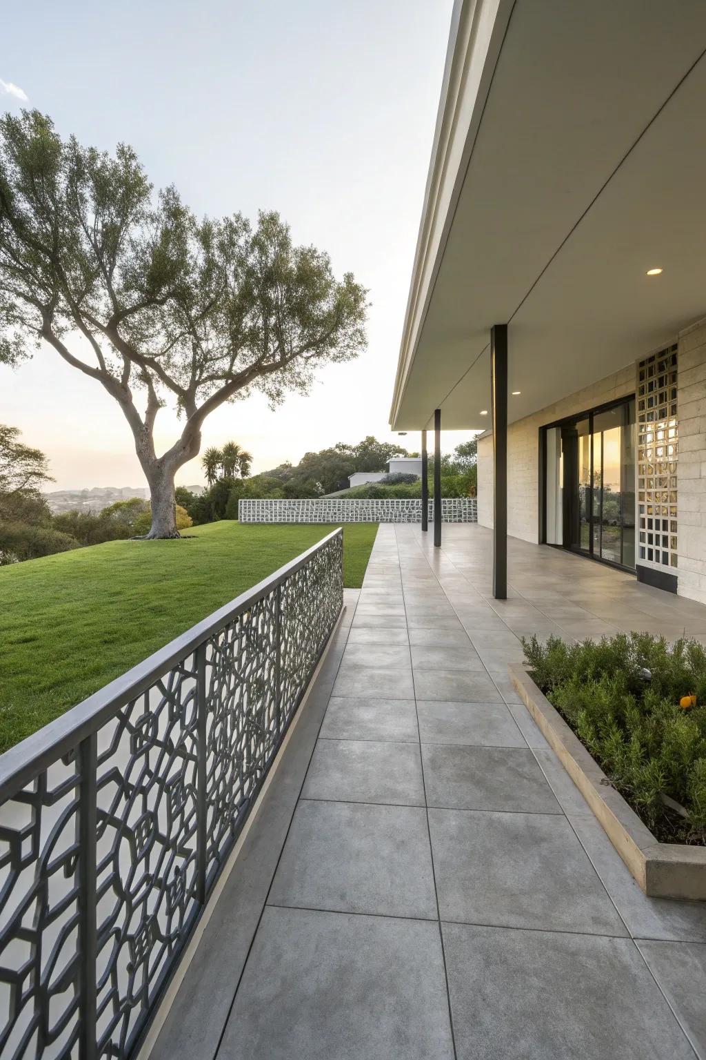 Geometric patterns add a modern edge to concrete patio railings.