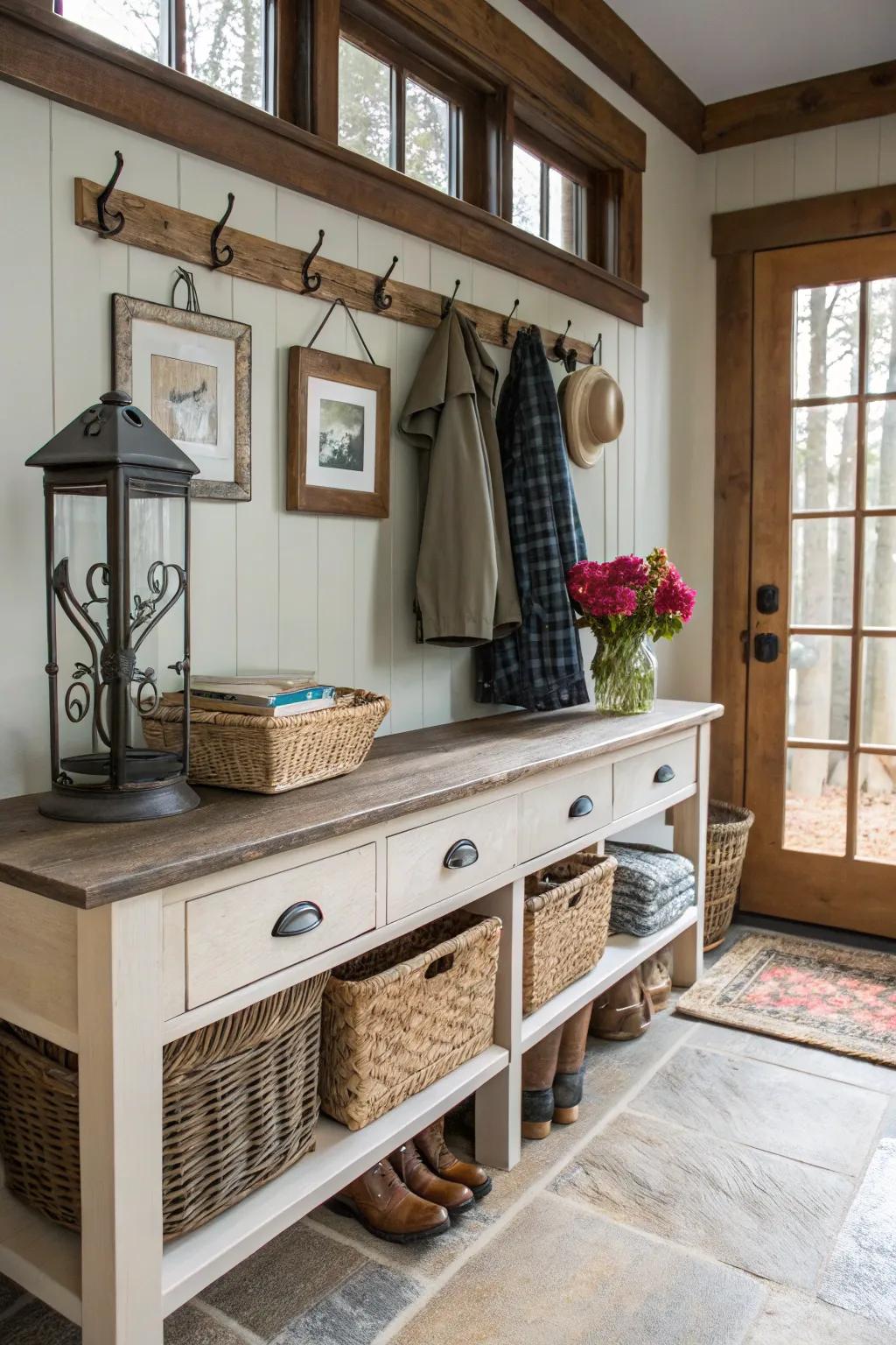 A practical console table setup in a mudroom.