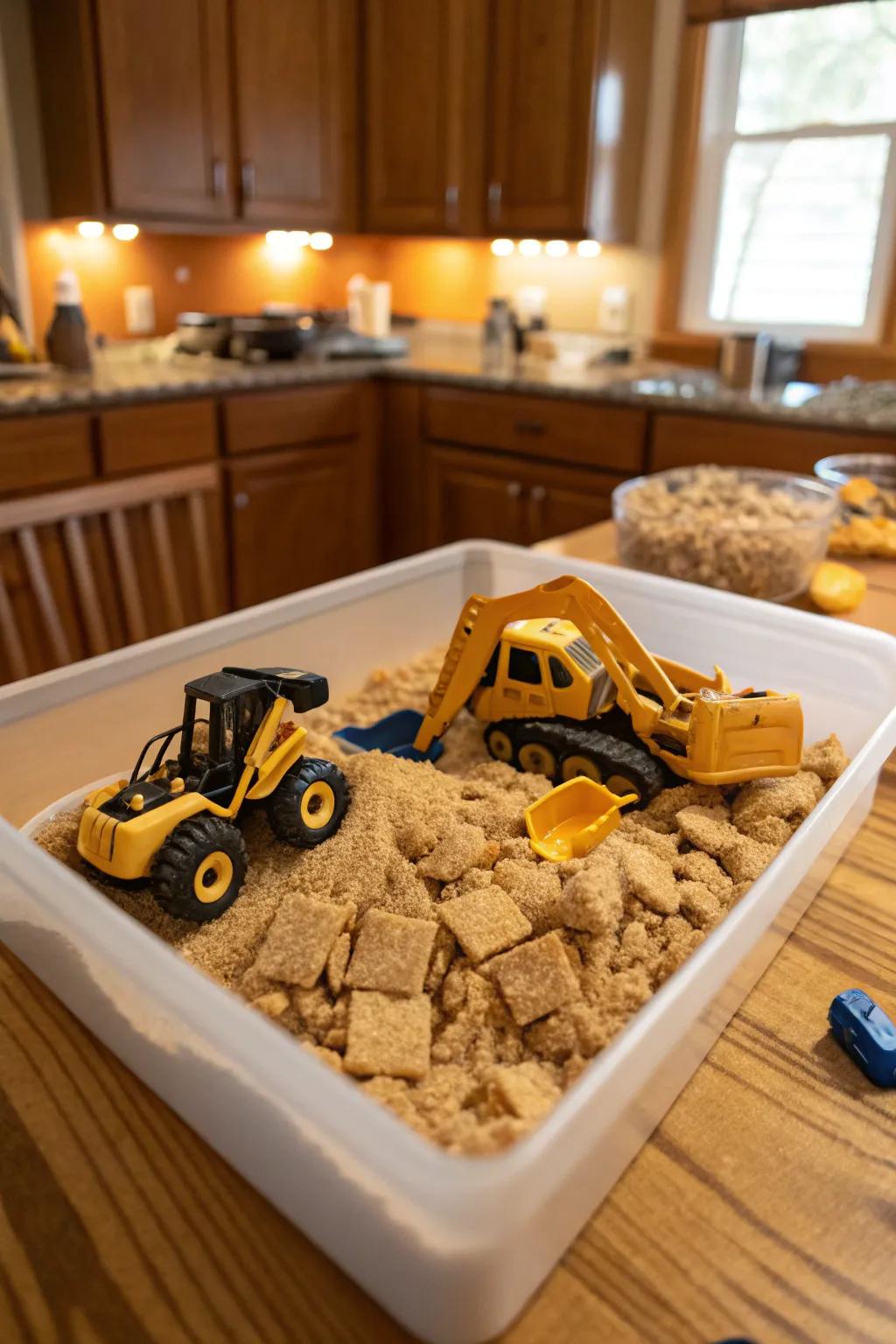 Graham cracker dirt: a tasty and fun sensory base.