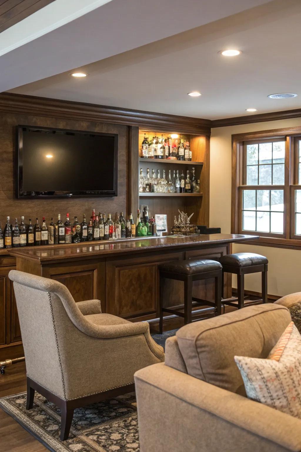 A home bar setup with a flat screen for entertaining.