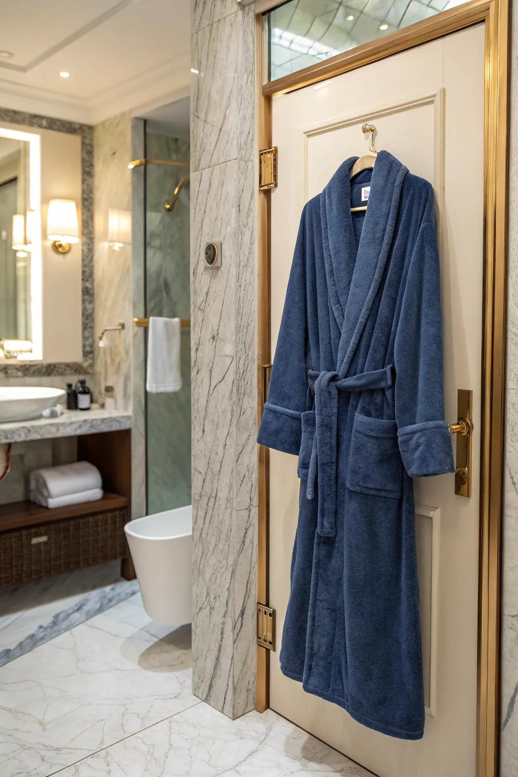 Luxury bathrobe made of plush material draped over a bathroom door.