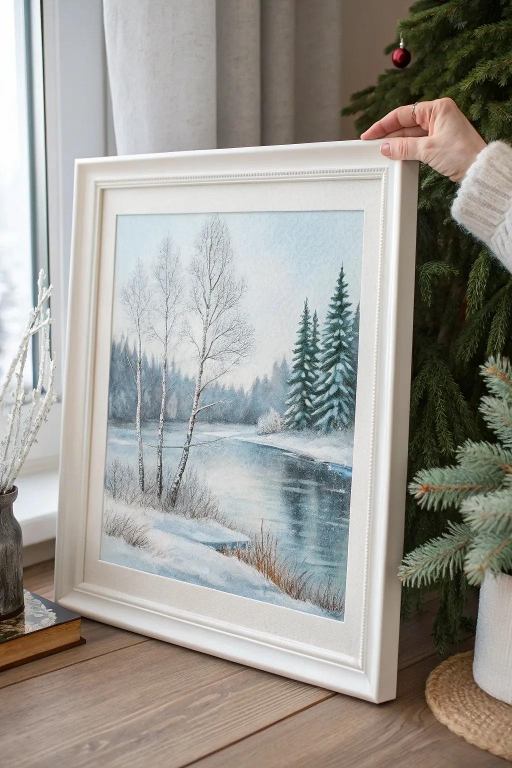 Embrace the serene beauty of a glistening winter wonderland with this minimalist masterpiece.