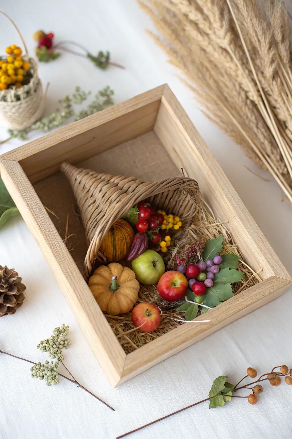 Embrace the harvest season with this charming Cornucopia Shadow Box, a perfect blend of minimalism and natural beauty!