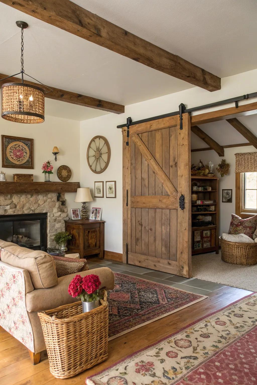 Barn doors add rustic charm and functionality to country interiors.