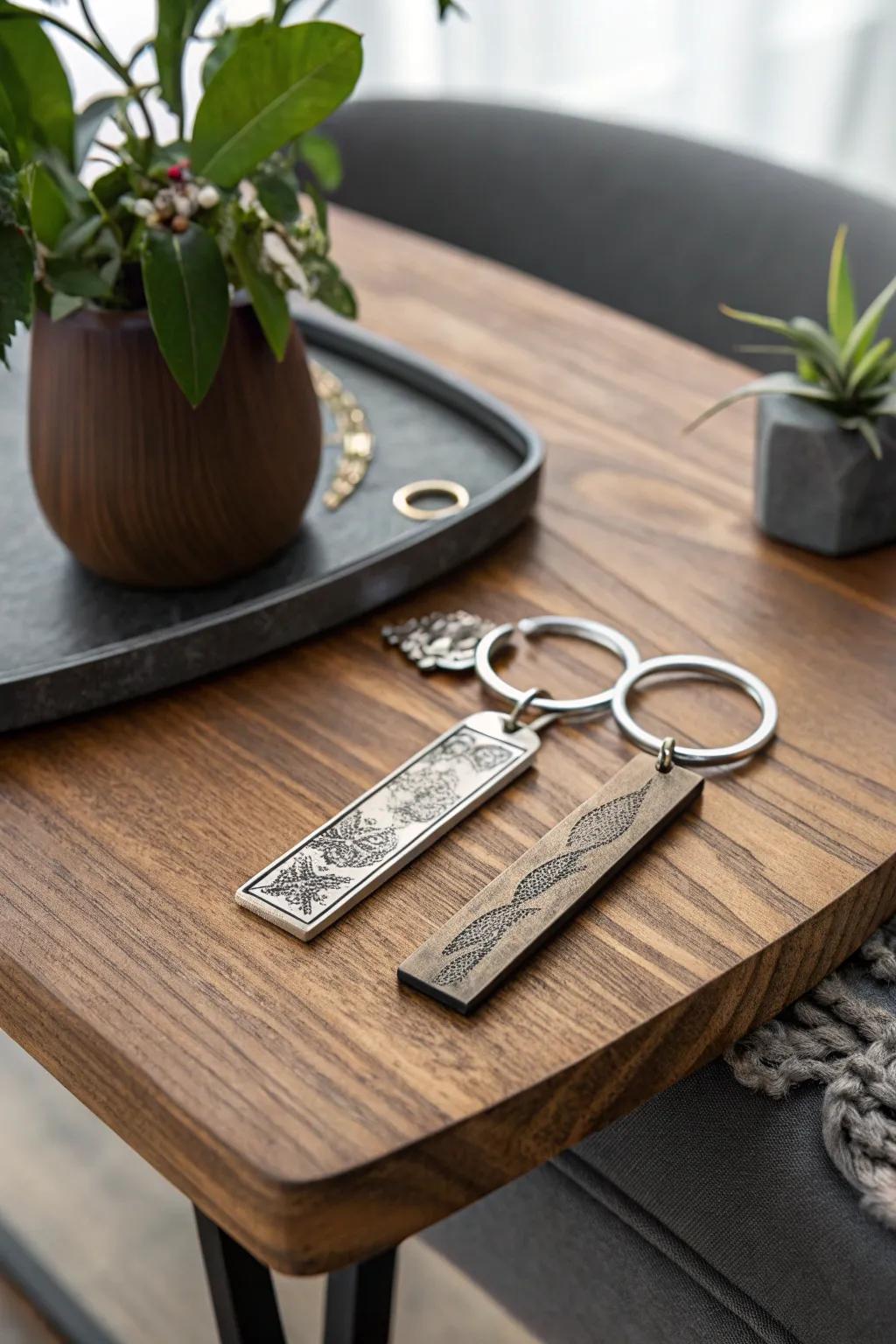 Engraved metal bar keychains: sleek reminders of cherished moments.