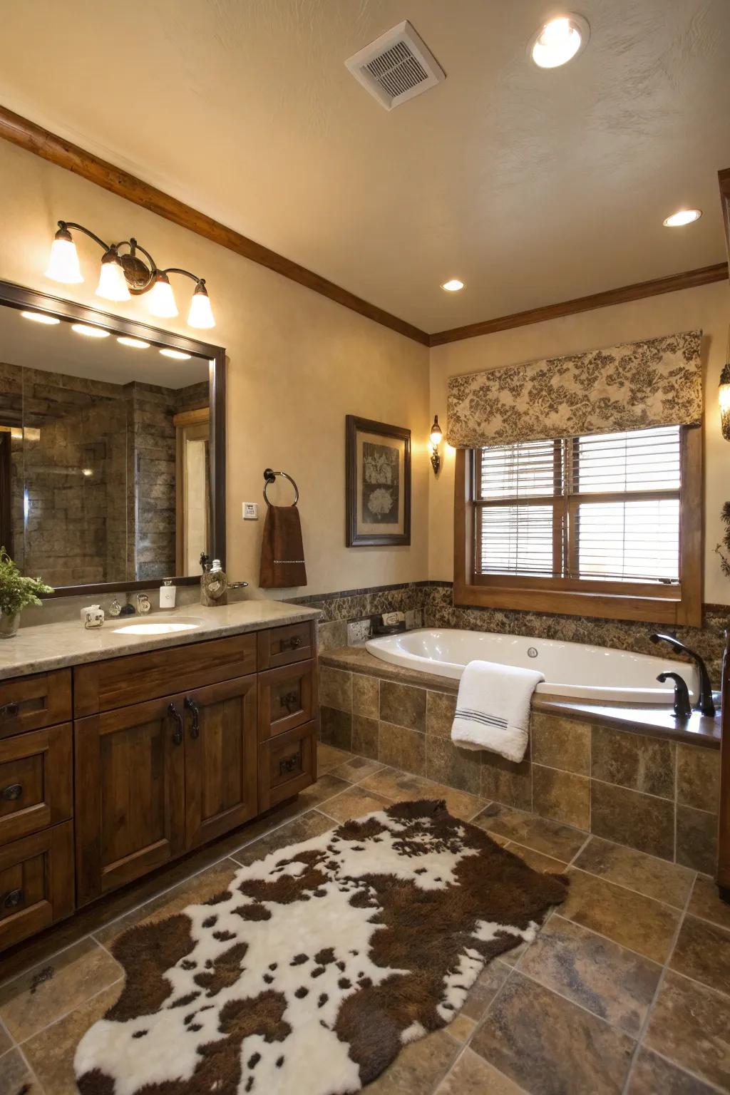 Cowhide adds unexpected luxury to bathroom spaces.