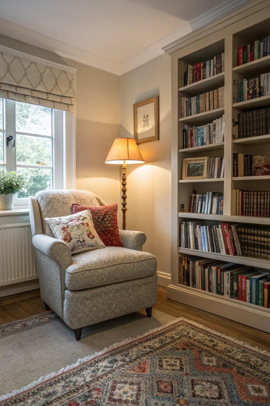 A reading nook creates a cozy spot to unwind in your living room.