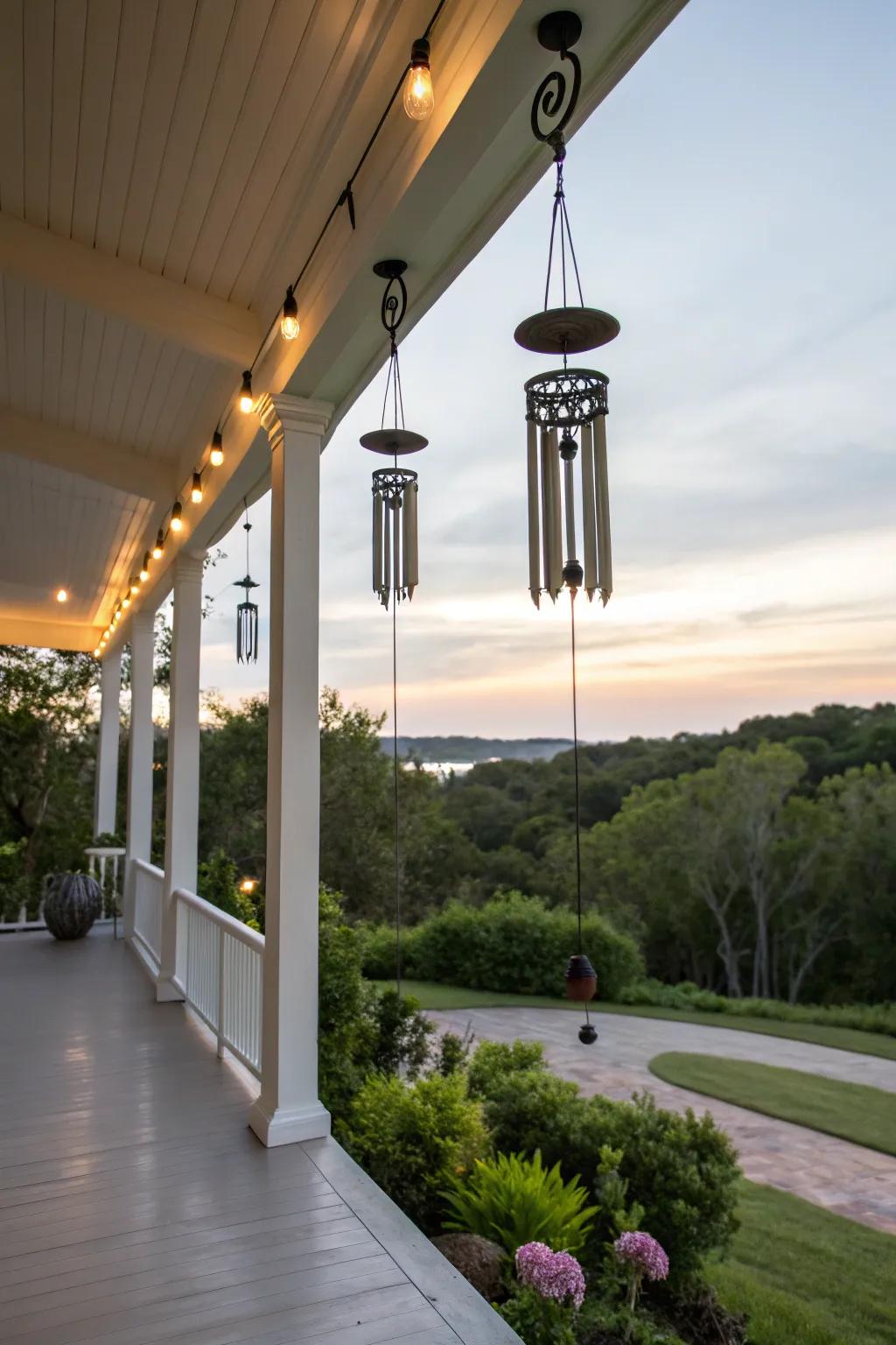 Wind chimes bring a soothing auditory experience to a porch.