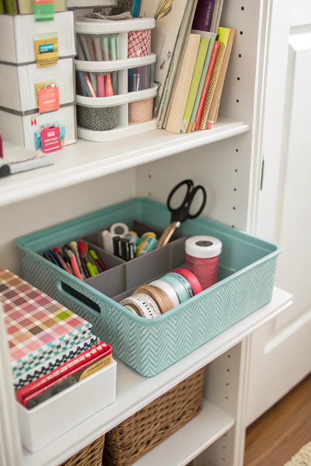 A tray facilitates easy transport of craft materials.