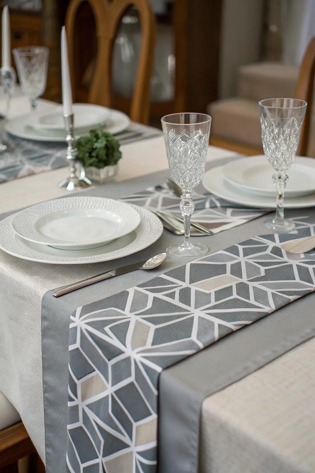 A modern geometric table runner, ready to enhance mom's dining experience.