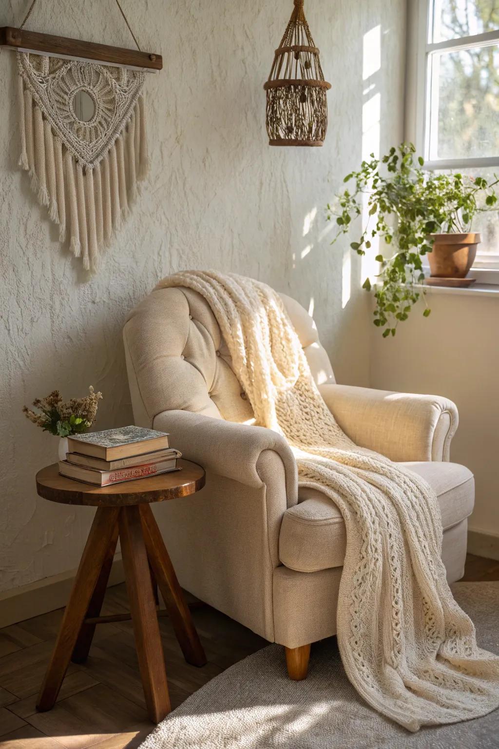 Escape into your personal sanctuary with this inviting reading nook, where simplicity meets boho charm. Perfect for a moment of relaxation and inspiration. #CozyCorner #ScandiBoho