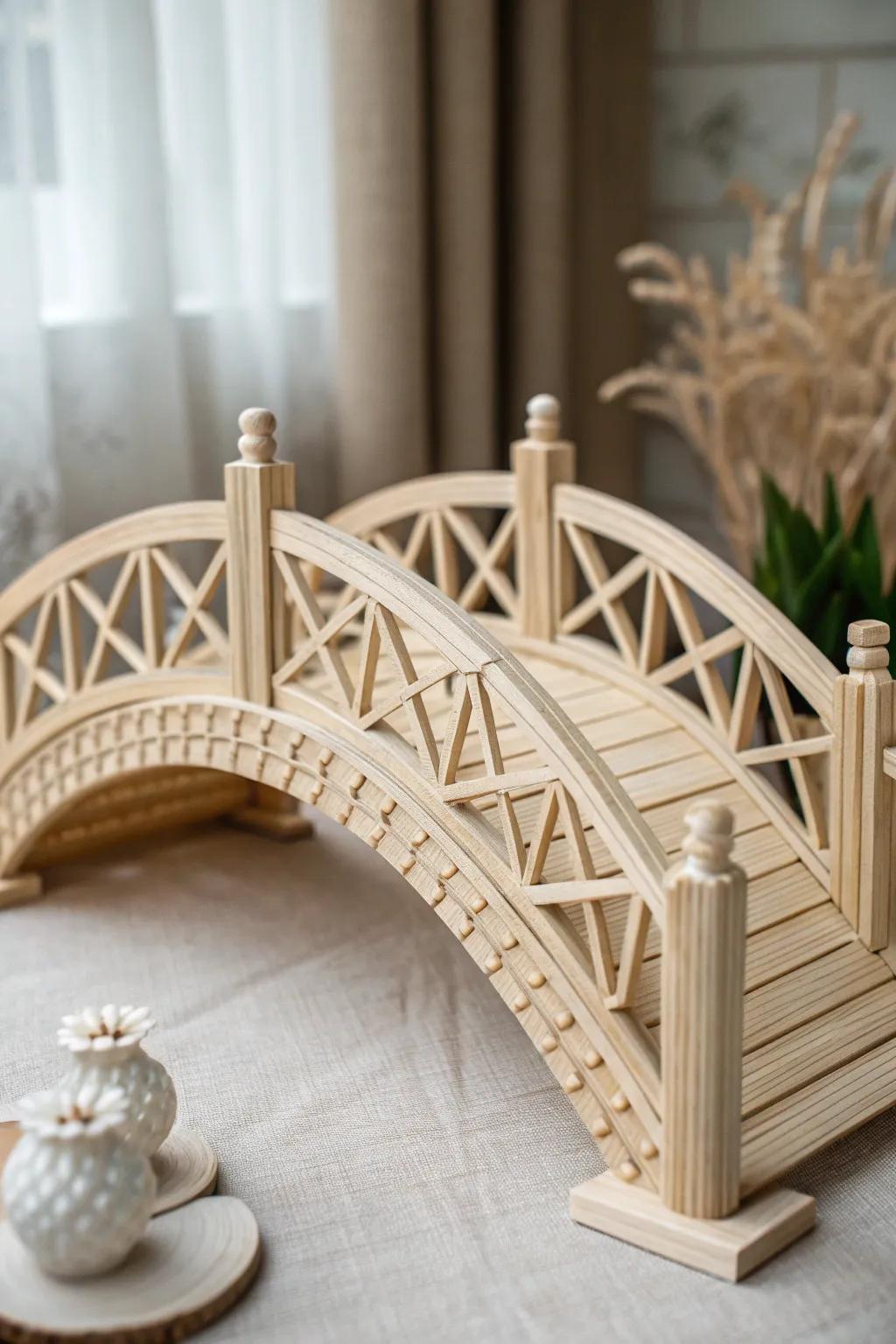 Discover the art of engineering with a touch of elegance: this popsicle stick bridge combines minimalist design with natural beauty.
