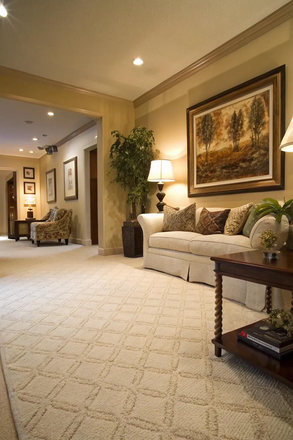 Statement art becomes the focal point in a cream carpeted room.