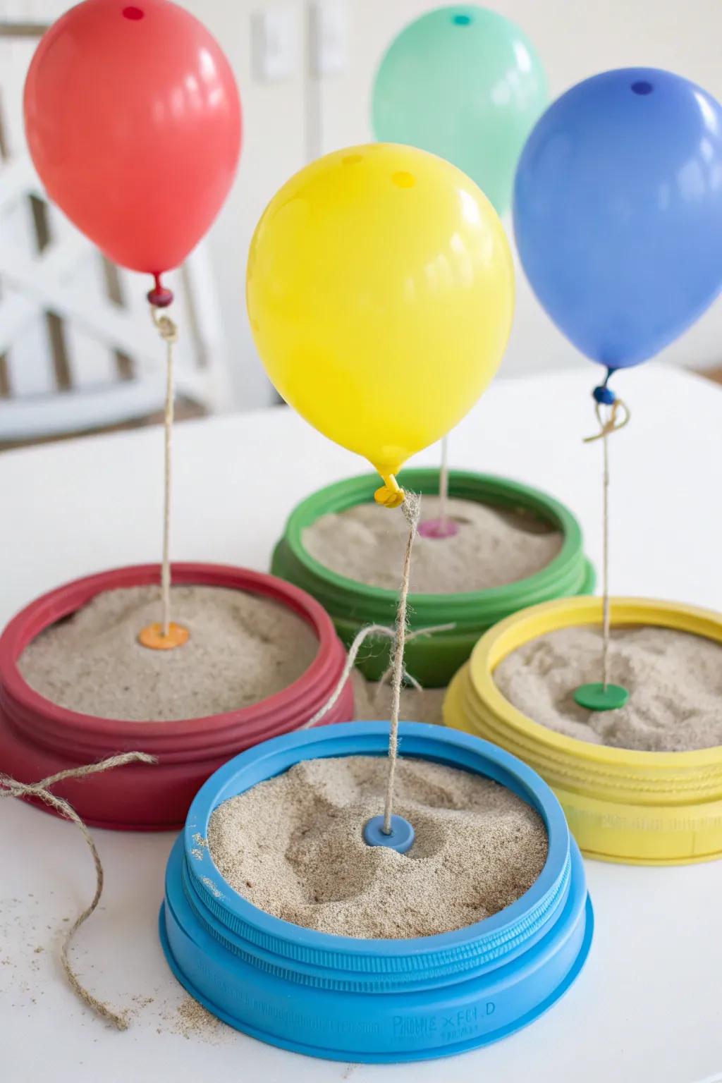 Creative upcycling of jar lids into decorative balloon weights.