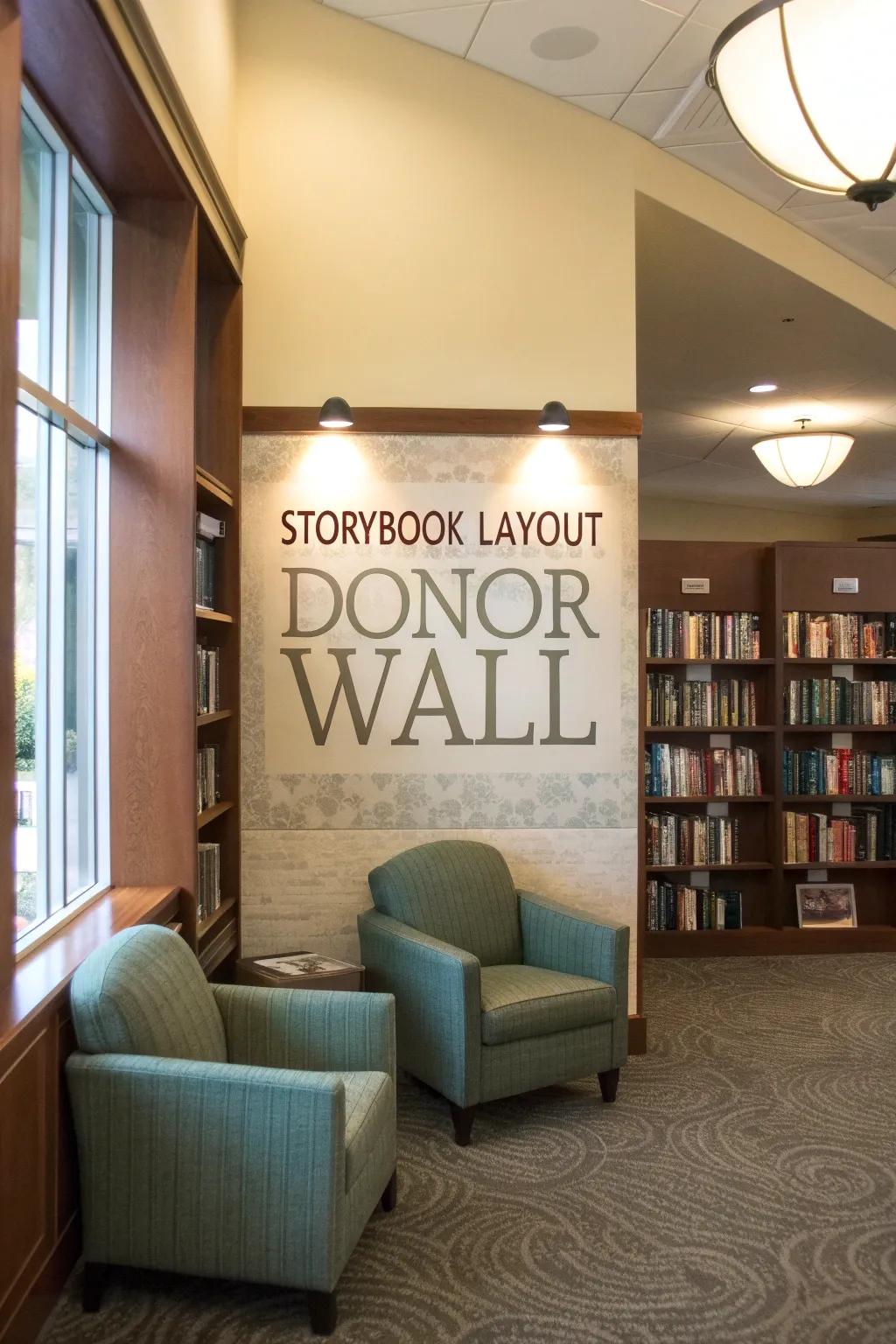 A storybook layout brings narratives to life on a donor wall.