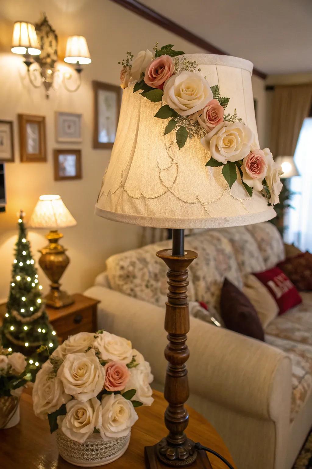 A living room lamp shade adorned with whimsical faux roses for a special occasion.