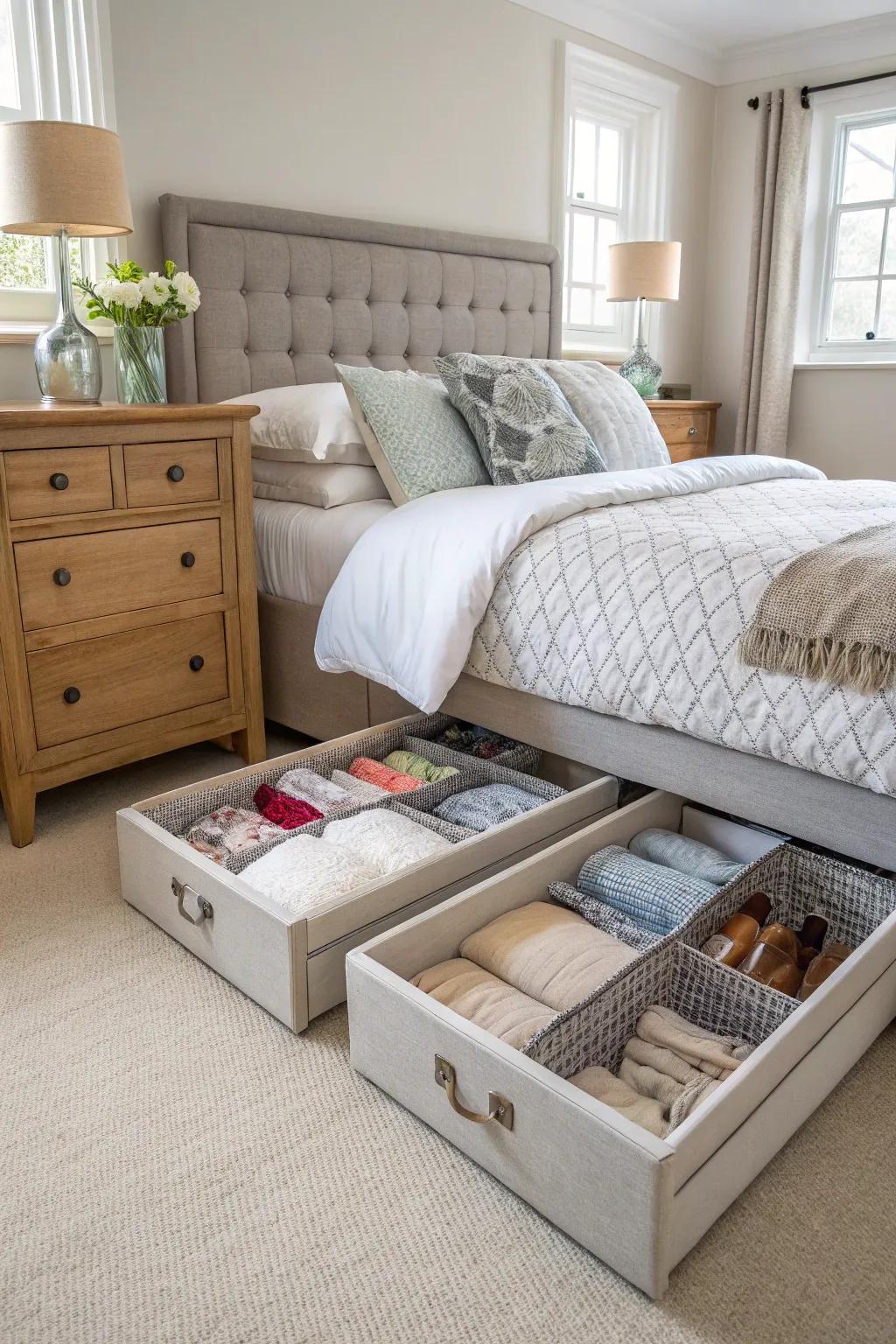 Under-bed storage is a clever way to keep hampers out of sight.