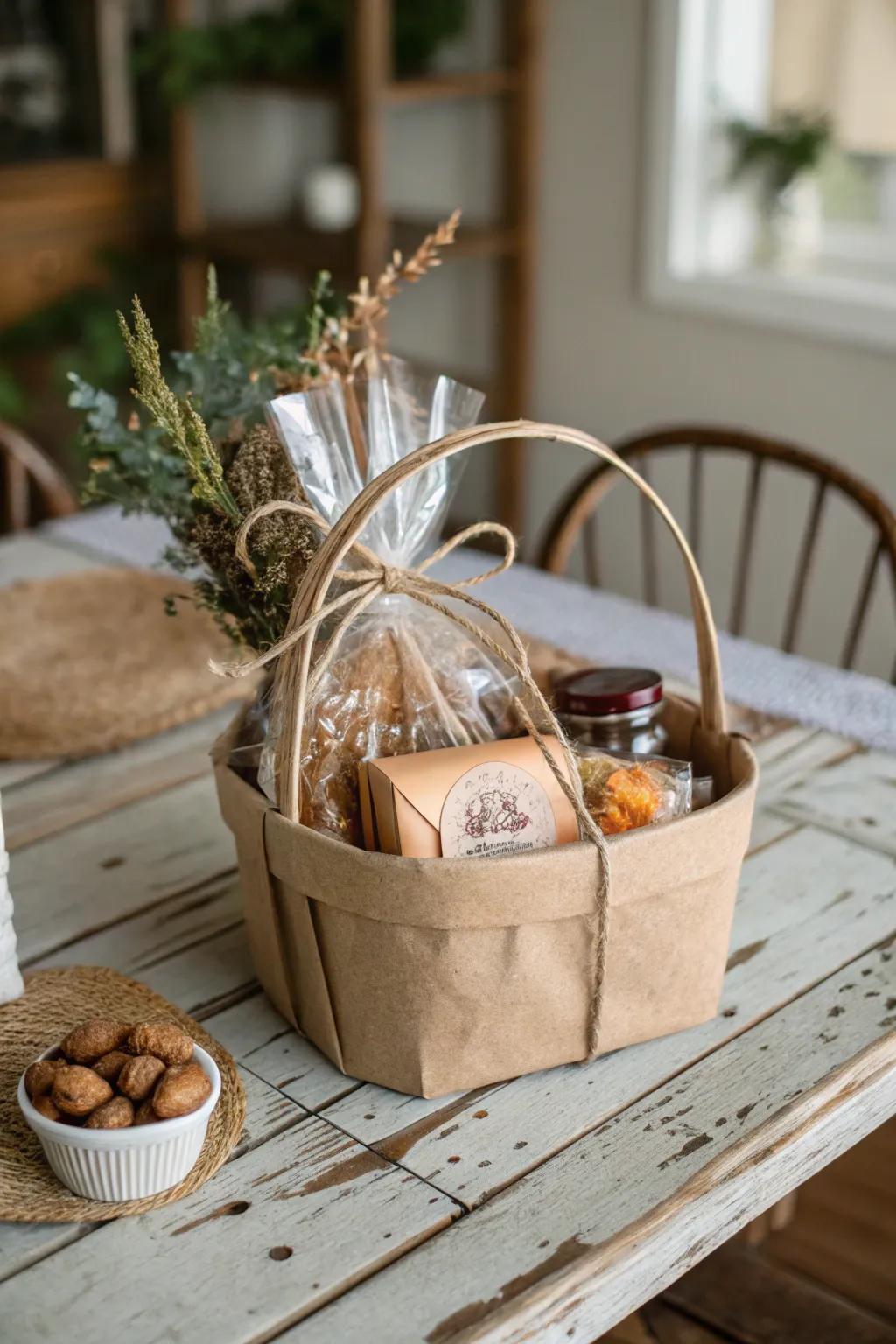 A charmingly rustic brown paper and twine wrapped gift basket.